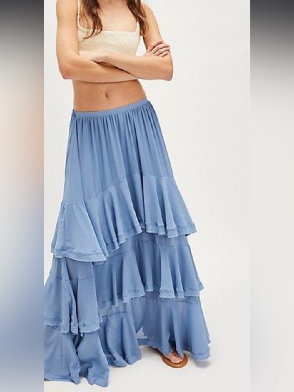 Free People- Clementine Maxi Skirt in Light Blue Maxi Skirt with Ruffle Lay